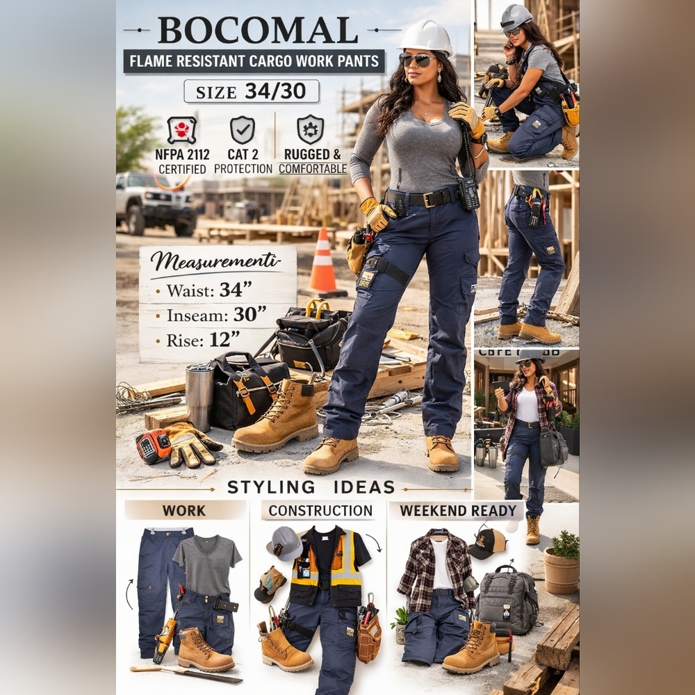Bocomal FR Cargo Work Pants 34x30 NFPA 2112 CAT 2 Flame Resistant Cotton